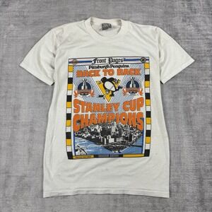 Vtg Pittsburgh Penguins Shirt Mens Medium White Stanley Cup Champs Front Pages